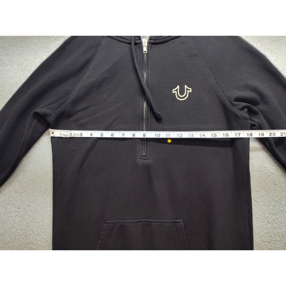 True Religion Women Sweater Dress L Black Hooded Pockets 1/4 Zip Logo Casual - Picture 15 of 16